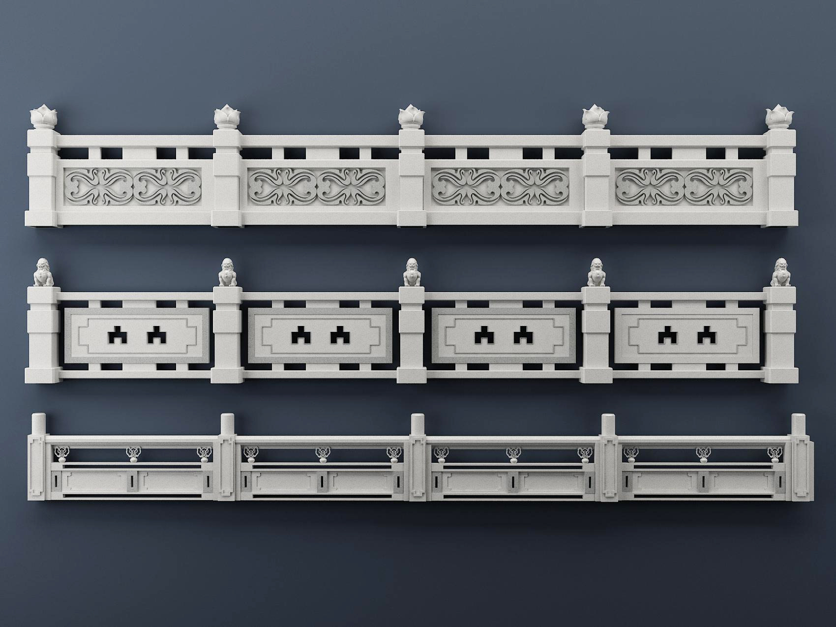 中式栏杆石材雕花扶手3d模型下载