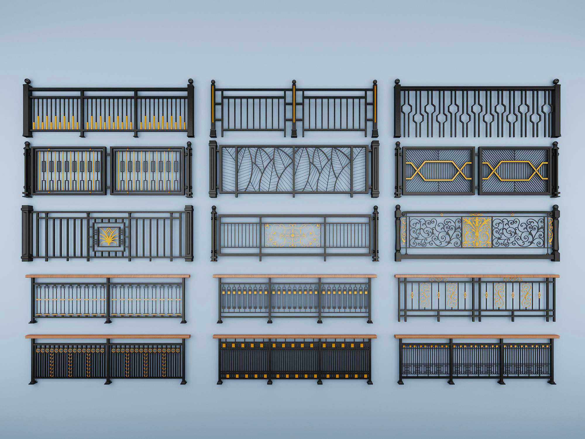 中式欧式铁艺雕花栏杆扶手护栏，3d模型下载