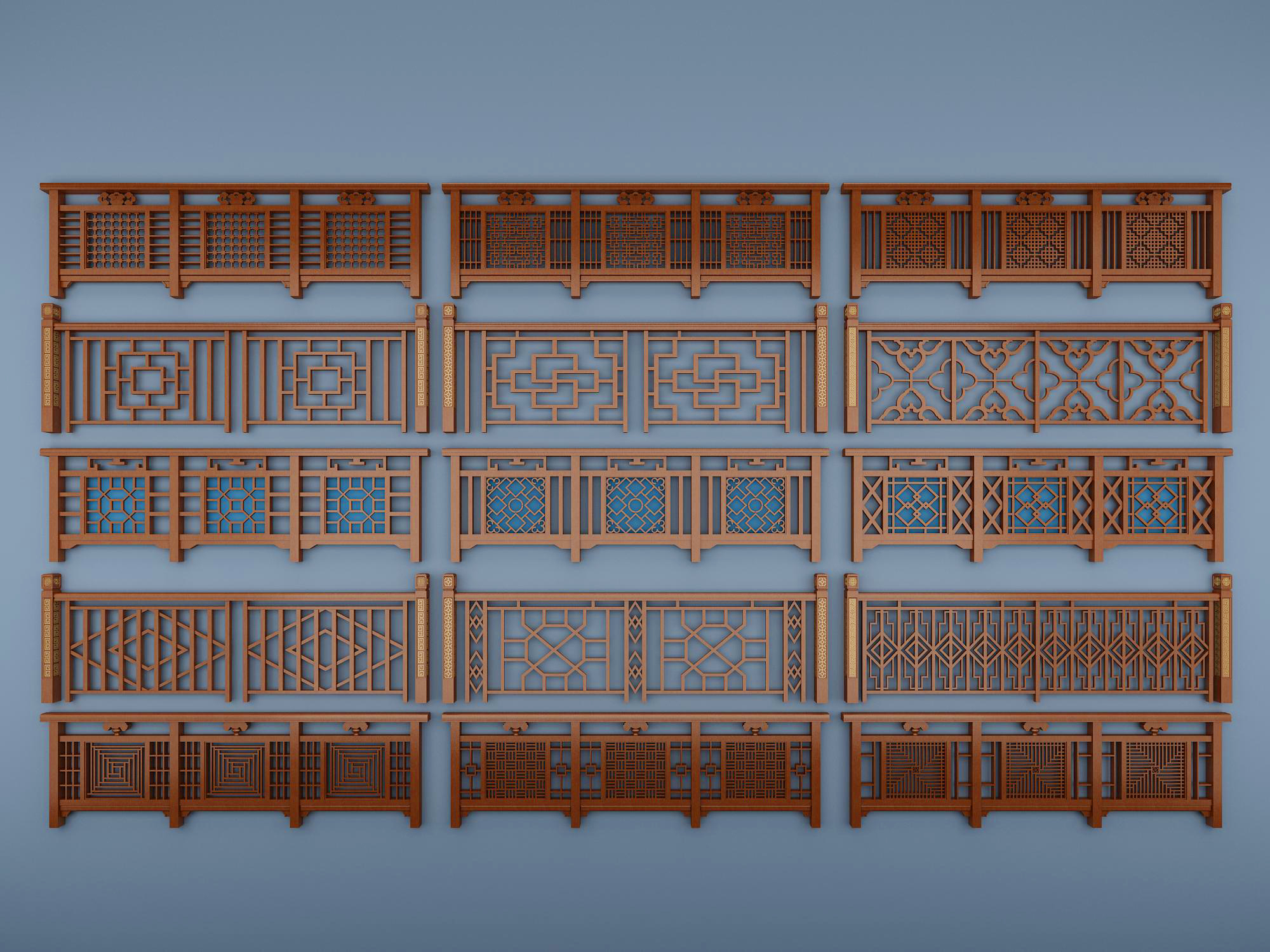 中式实木雕花栏杆，围栏，护栏，扶手，3d模型下载