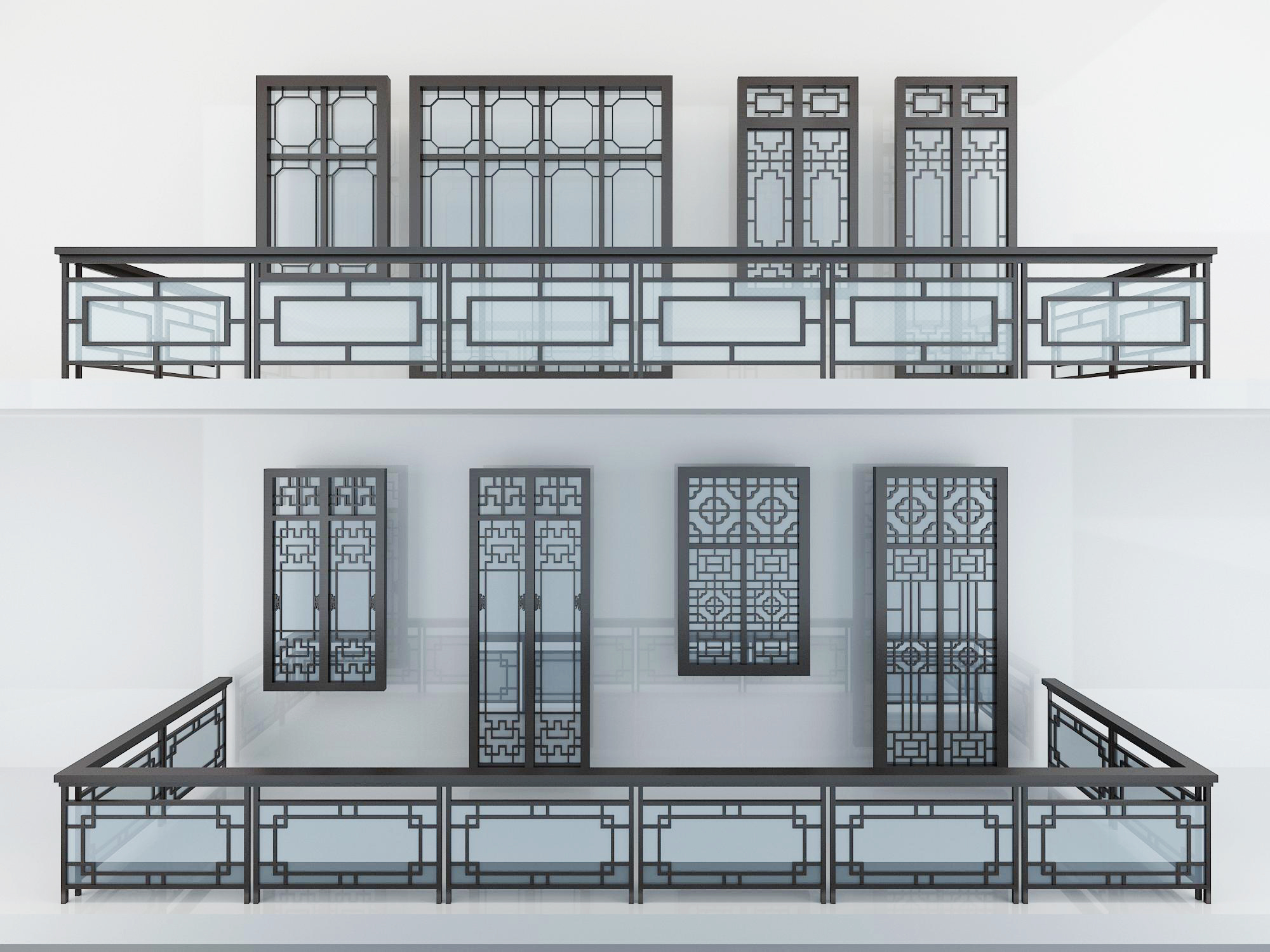 新中式栏杆玻璃扶手窗户，护栏，花格，花窗，屏风隔断3d模型下载(1)