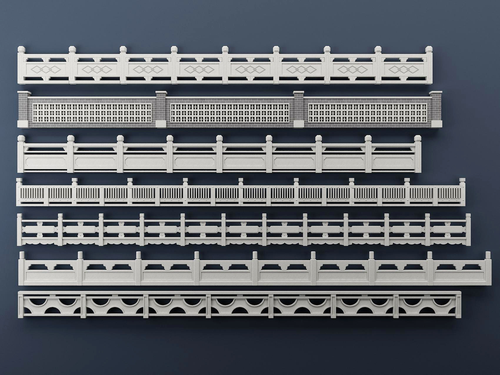 18中式石材栏杆，玉石栏杆，护栏，扶手，围墙3d模型下载