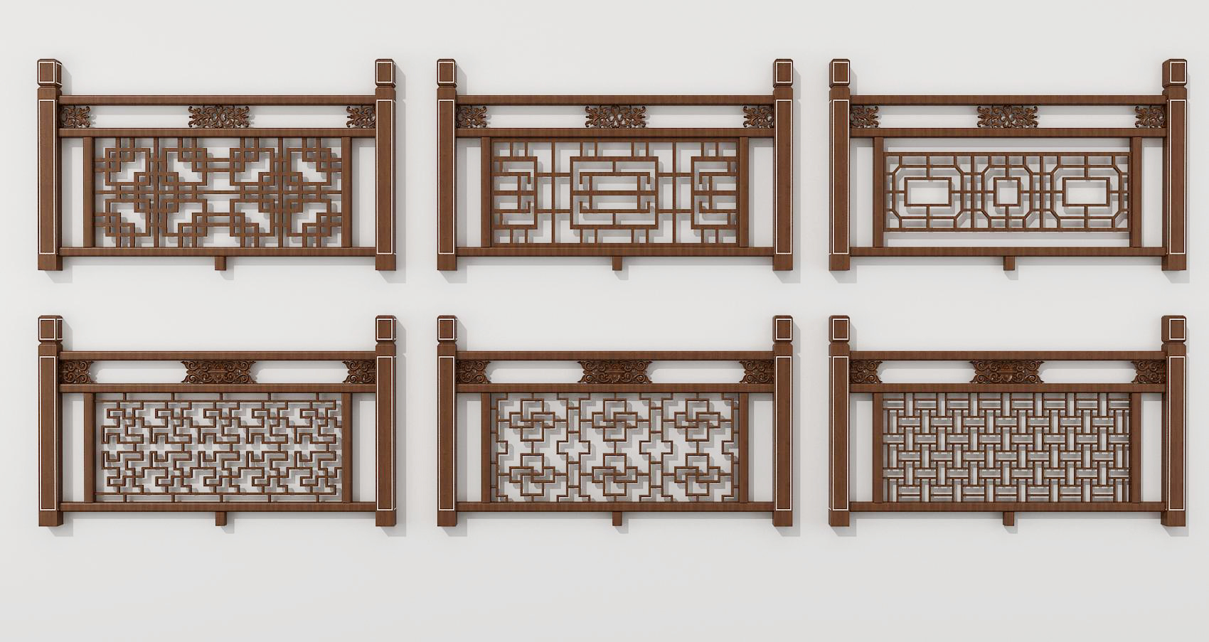 16中式实木雕花栏杆，围栏，护栏，扶手，3d模型下载