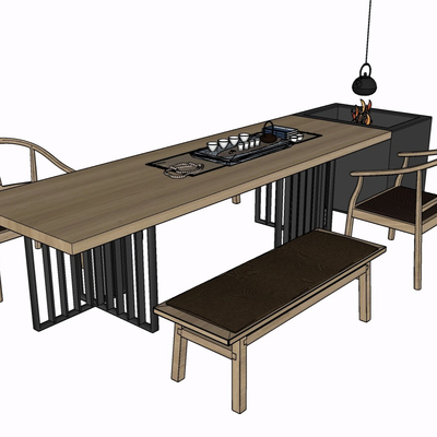 新中式实木茶桌椅免费su模型