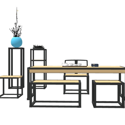 新中式条形茶桌椅免费su模型