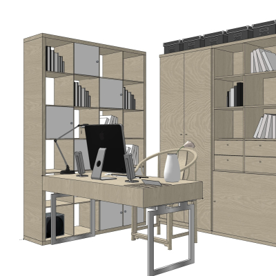 新中式实木书桌椅书柜免费su模型(1)