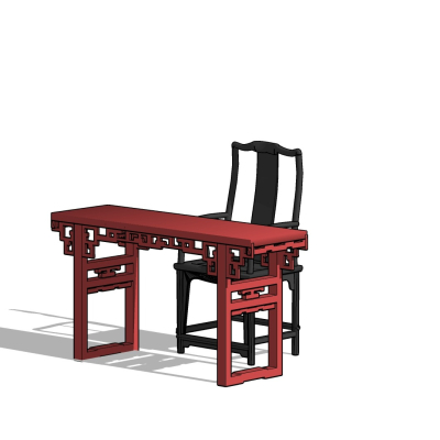 中式实木书桌椅免费su模型(1)