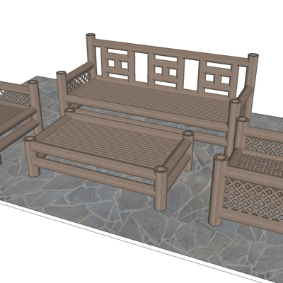 新中式竹编休闲桌椅免费su模型(1)