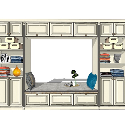 现代实木飘窗储物柜免费su模型(1)