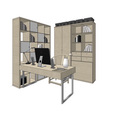 现代实木书柜书桌免费su模型(1)