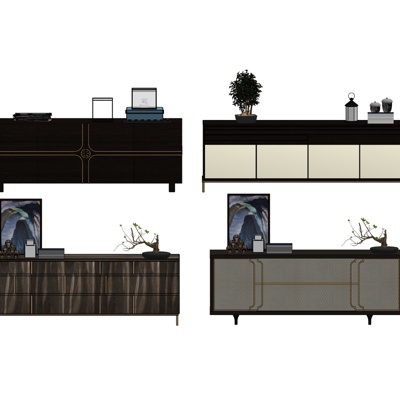 现代实木边柜组合免费su模型(1)