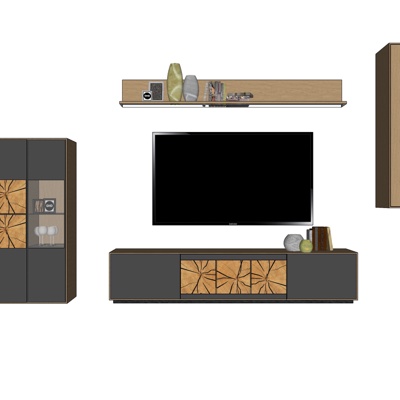 现代实木电视柜壁柜免费su模型(1)