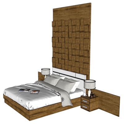 现代实木双人床免费su模型(1)