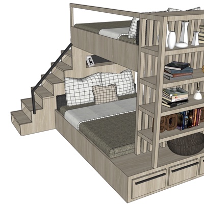 现代实木儿童高低床免费su模型(1)