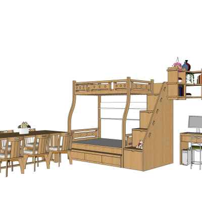 现代实木儿童高低床免费su模型(1)