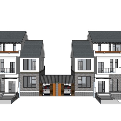 新中式连排别墅免费su模型(1)