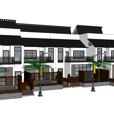 新中式联排别墅免费su模型(1)