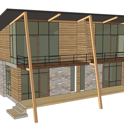 现代木屋别墅外观免费su模型(1)