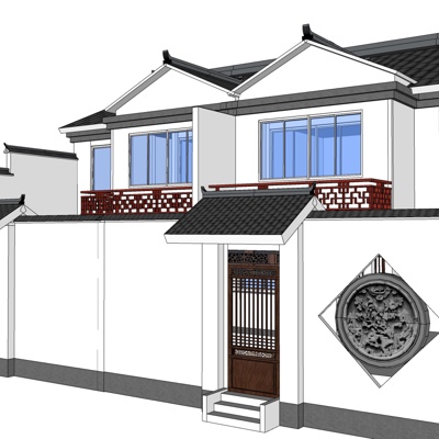 新中式联排别墅免费su模型(1)