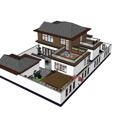 新中式院子别墅免费su模型(1)