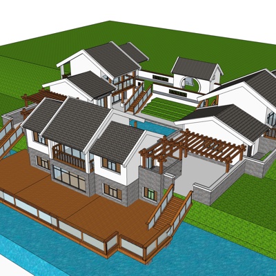 中式别墅外观免费su模型(1)