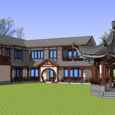 新中式仿古别墅住宅免费su模型(1)