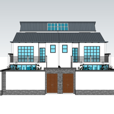 新中式别墅外观免费su模型(1)