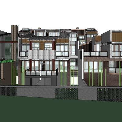 新中式别墅外观免费su模型(1)
