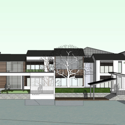 新中式别墅外观免费su模型(1)