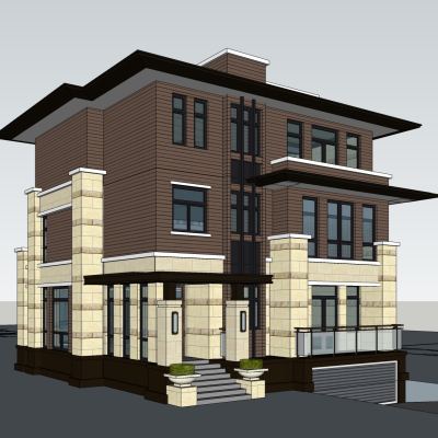新中式别墅外观免费su模型(1)