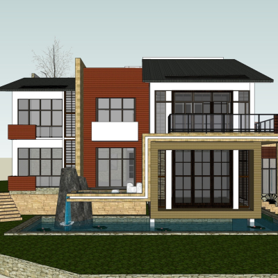 新中式别墅外观免费su模型(1)