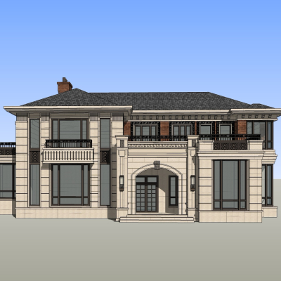 新中式别墅外观免费su模型(1)
