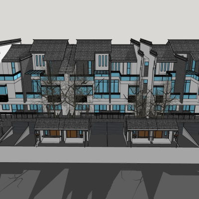 新中式联排别墅外观免费su模型(1)