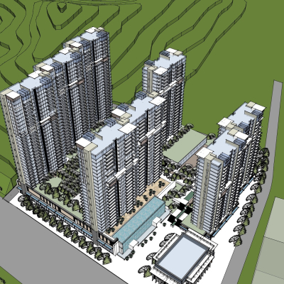 现代高层住宅鸟瞰规划免费su模型(1)