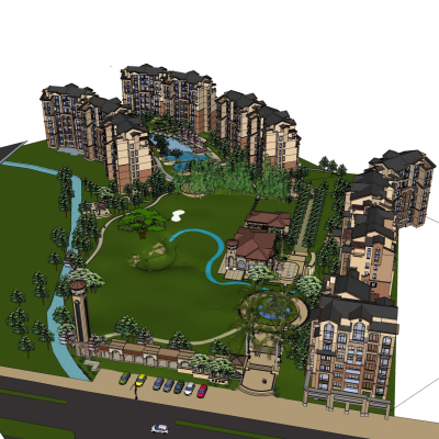 新中式住宅小区鸟瞰免费su模型(1)