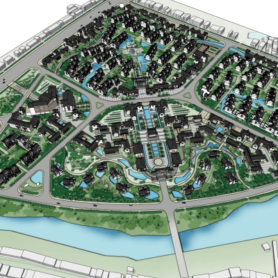 新中式小区规划免费su模型(1)