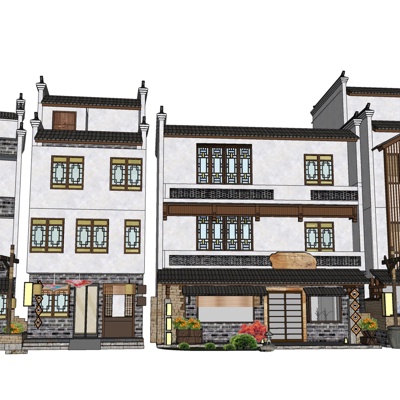 新中式仿古沿街商业建筑免费su模型(1)