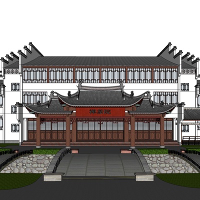 中式茶院建筑外观免费su模型(1)