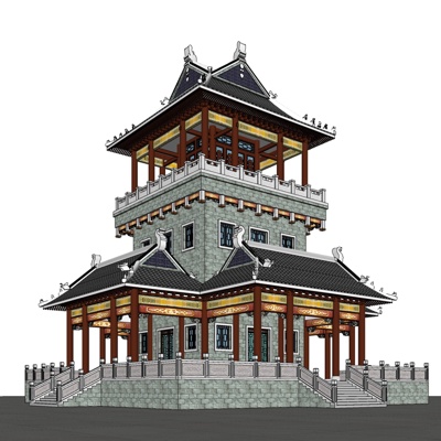 中式塔楼建筑外观免费su模型(1)