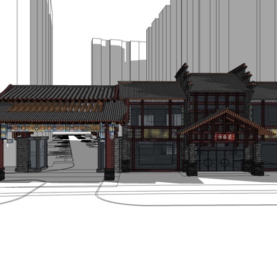 中式餐厅外观免费su模型(1)