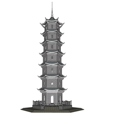 中式七层塔楼免费su模型(1)