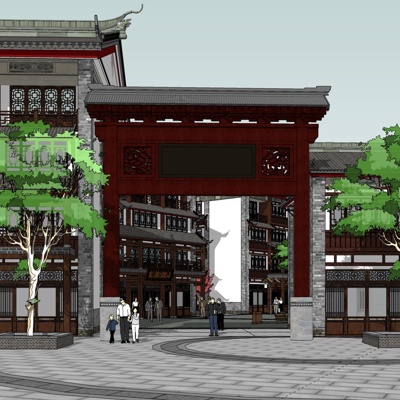中式沿街商业建筑免费su模型(1)
