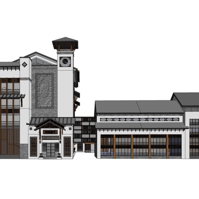 新中式沿街商业建筑免费su模型(1)
