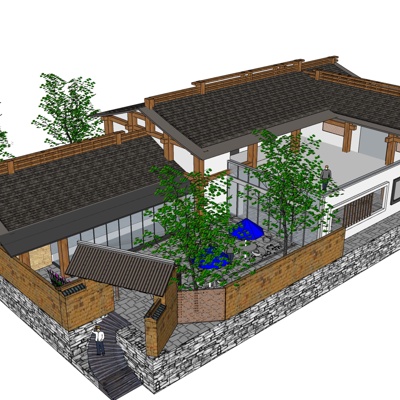 新中式院子免费su模型(1)