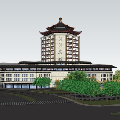 新中式沿街商业建筑免费su模型(1)