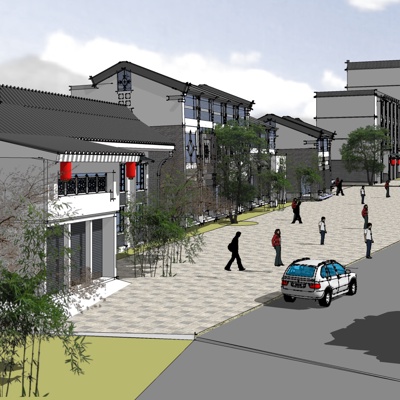 新中式沿街商业建筑免费su模型(1)