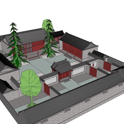 中式四合院免费su模型(1)