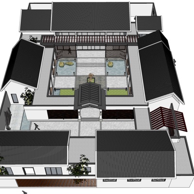 新中式二进四合院免费su模型(1)
