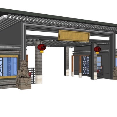 中式公园大门入口免费su模型(1)
