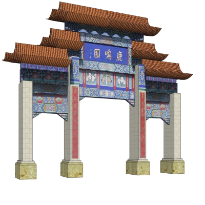 中式牌坊大门免费su模型(1)