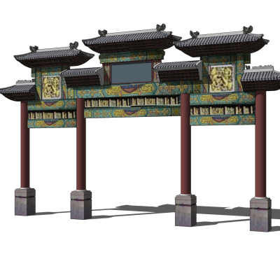 中式牌坊大门免费su模型(1)